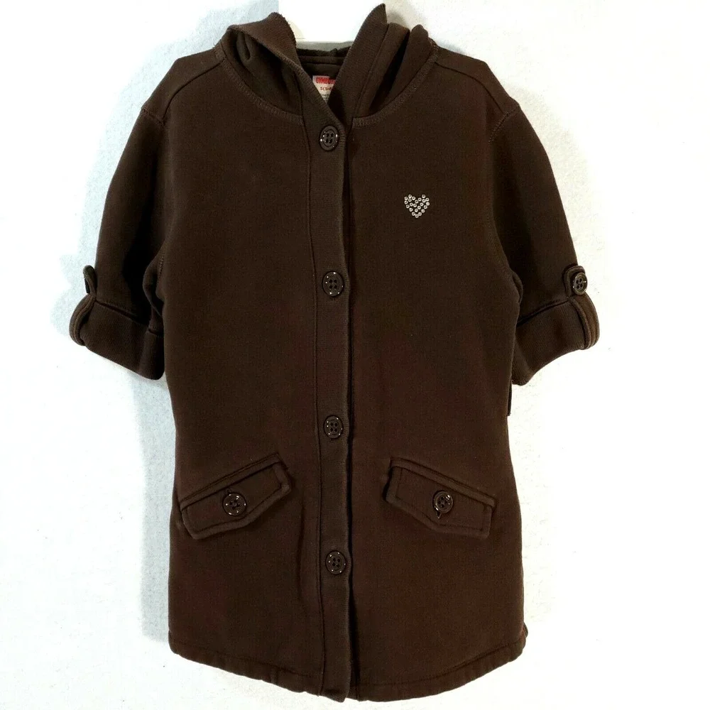 Gymboree Girls Size 5-6 Hooded Short Sleeve Shirt Brown Rhinestone Heart Hoody